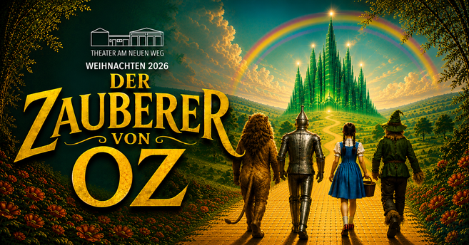 Plakat für das Theaterstück 'Der Zauberer von Oz' mit vier Figuren auf einem gelben Ziegelweg, der zu einer smaragdgrünen Stadt führt, unter einem Regenbogen.
