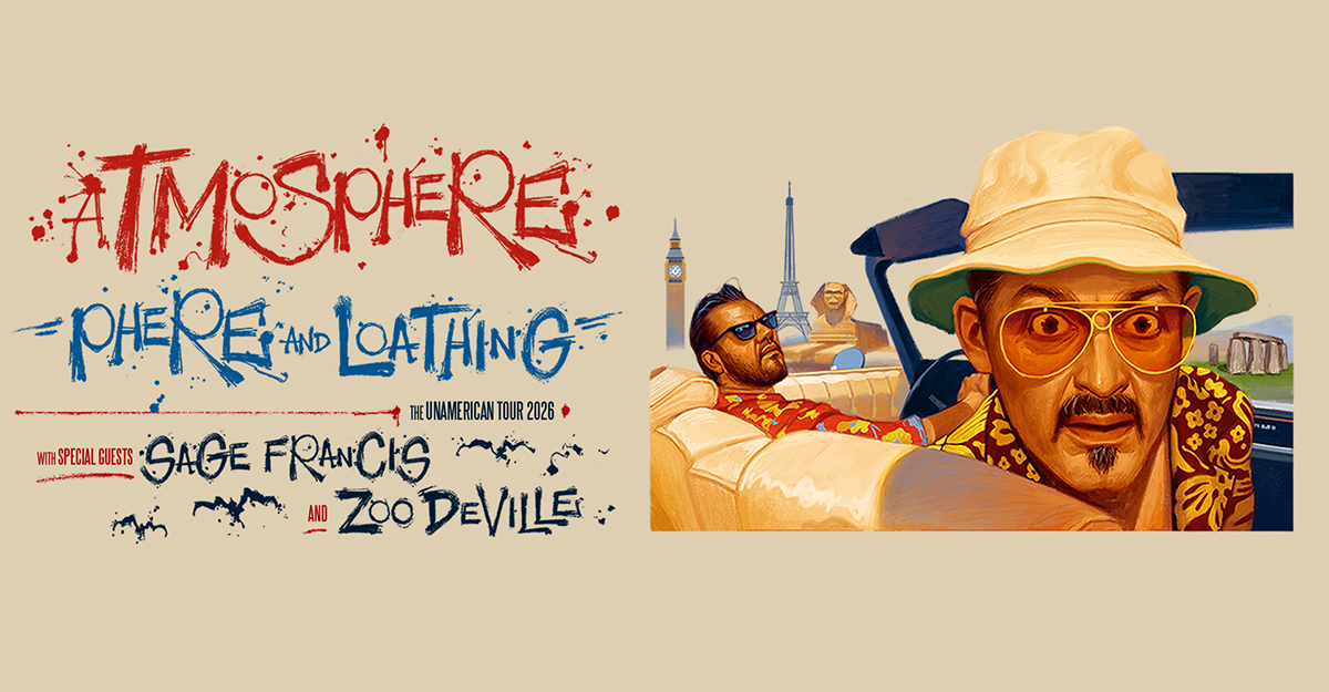 Poster der Atmosphere-Tour 2026 mit dem Titel 'Phere and Loathing'. Zwei Männer in einem Auto, im Hintergrund Wahrzeichen wie Eiffelturm und Big Ben.