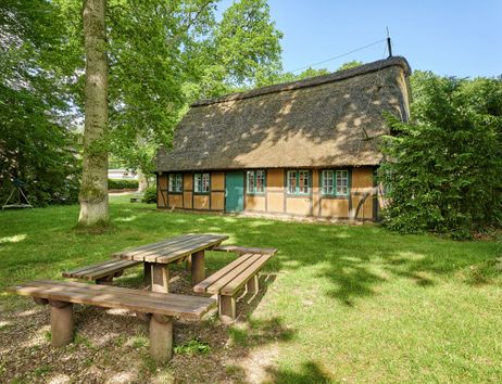 Ein traditionelles Fachwerkhaus mit Reetdach im Wald, umgeben von Bäumen und einer Picknickbank im Vordergrund.