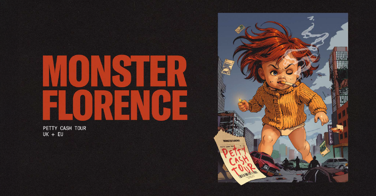 Illustration eines riesigen Kindes, das durch eine Stadt läuft, mit einem Poster der "Petty Cash Tour". Links steht "Monster Florence" in großen Buchstaben.