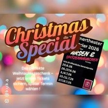 Werbung für ein Theaterstück namens 'Arsen & Spitzenhäubchen' als Christmas Special mit bunten Lichtern im Hintergrund.