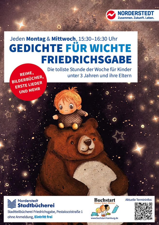 Ein Plakat für die Veranstaltung 'Gedichte für Wichte' in der Stadtbücherei Norderstedt, mit einem Kind auf einem Bären vor einem Sternenhimmel.