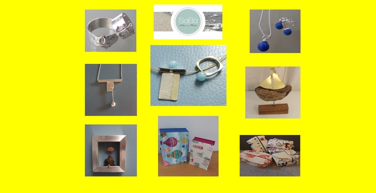 Collage verschiedener Schmuckstücke und Dekorationsartikel auf gelbem Hintergrund.