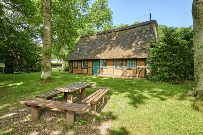 Ein traditionelles Fachwerkhaus mit Reetdach im Wald, umgeben von Bäumen und einer Picknickbank im Vordergrund.