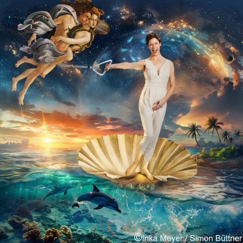 Inka Meyer als Venus von Botticelli mit kleinen Änderungen: sie hat einen modernen weißen Overall an und in der Hand eine Haltegriff zu einem Wasserski-Seil. Unter der Muschel schwimmen Delfine im klaren Wasser