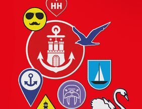 Verschiedene Hamburg-Symbole auf rotem Hintergrund, darunter ein Anker, ein Walross, ein Schwan und ein Segelboot.