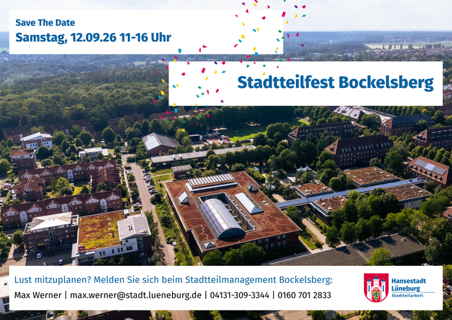 Luftaufnahme eines Stadtteils mit Ankündigung für das Stadtteilfest Bockelsberg am 12.09.26 von 11 bis 16 Uhr.