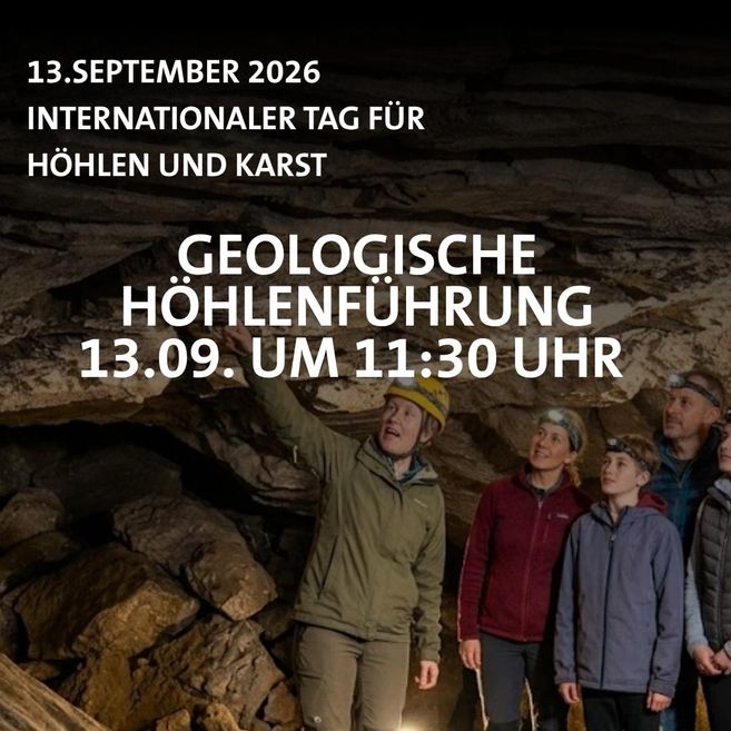 A group of people is standing in a cave and observing the surroundings. In the foreground, rocks are visible, while in the background, the light from a flashlight is shining.