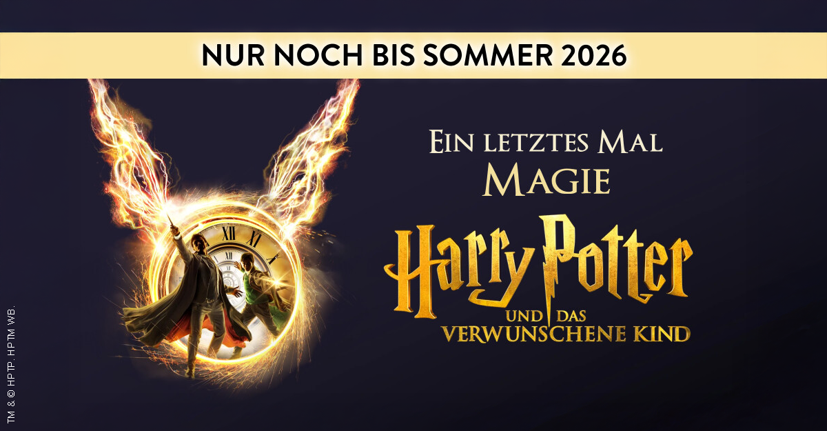 Werbung für das Theaterstück 'Harry Potter und das verwunschene Kind' mit einer Uhr und magischen Effekten.