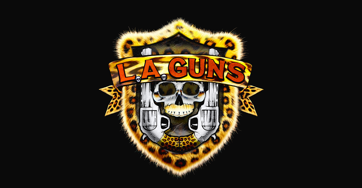 Logo der Band L.A. Guns mit Totenkopf und Pistolen auf Leopardenmuster.