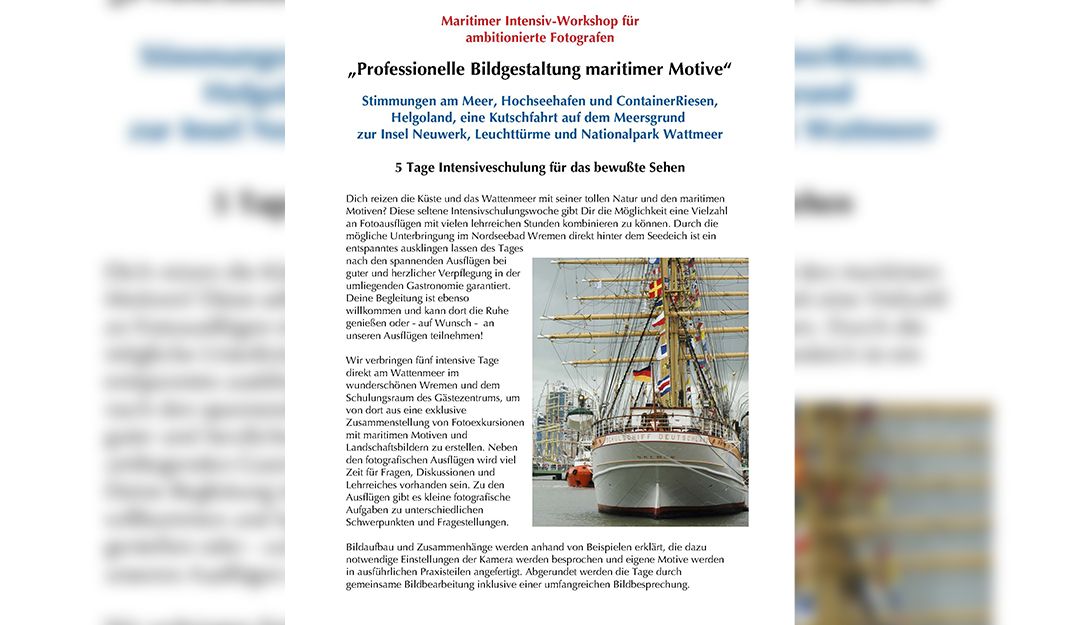 Flyer für einen maritimen Intensiv-Workshop mit Bild eines Segelschiffs im Hafen.