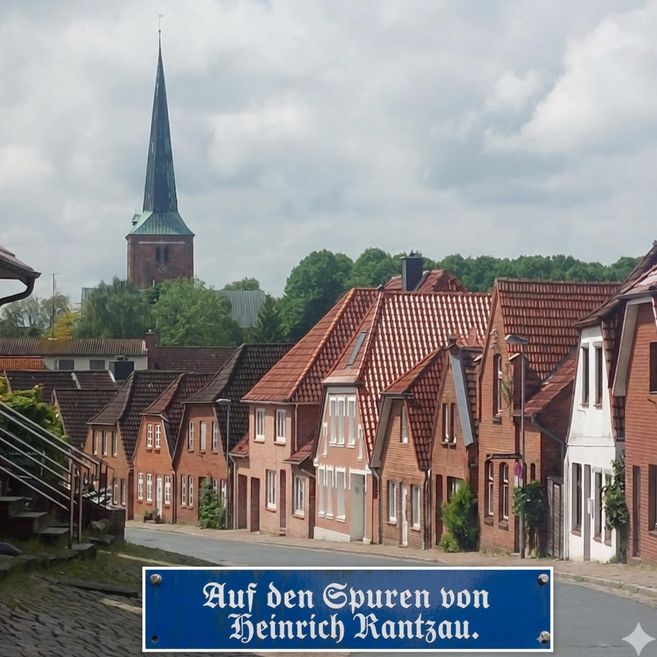 A picturesque street with historic houses and a church tower in the background. The sky is cloudy and the atmosphere is calm.