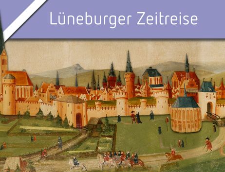Historische Darstellung der Stadt Lüneburg mit mittelalterlichen Gebäuden und Stadtmauern.
