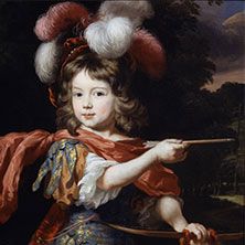 Gemälde eines Kindes in historischer Kleidung mit Federhut und Pfeil.