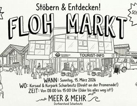 Handgezeichneter Flyer für einen Flohmarkt in Scharbeutz mit Tourist-Info Gebäude und Marktständen.