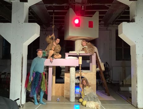 Three people dressed as cats and one as a bird are gathered around and on a huge cat tree.