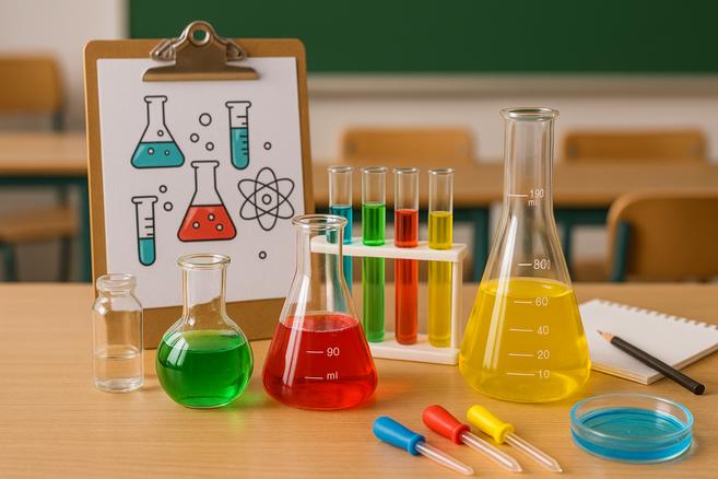 Chemielabor mit bunten Flüssigkeiten in Glaskolben und Reagenzgläsern auf einem Tisch.
