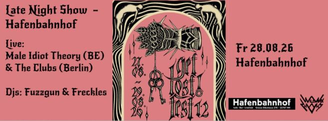 Poster für eine Veranstaltung im Hafenbahnhof mit Live-Musik und DJs am 28.08.26.