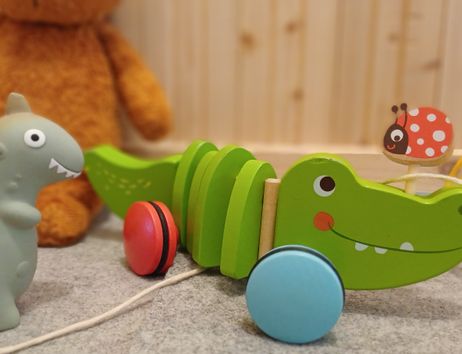 Spielzeug im Eltern-Kind-Treff / Krabbelgruppe: grünes Krokodil, grauer Dino, bunte Greifkugel und Teddybär im Hintergrund.