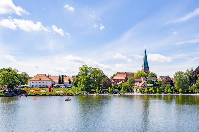 Teilnehmer des 29. Rosenstadt-Triathlons schwimmen in einem See, umgeben von malerischen Gebäuden und einer Kirche mit hohem Turm im Hintergrund.