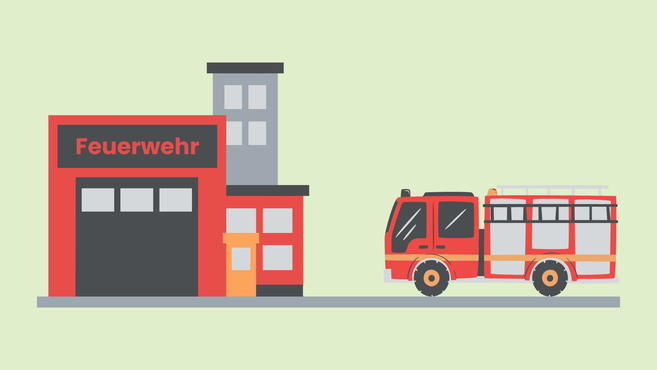 Illustration eines Feuerwehrhauses mit einem Feuerwehrauto daneben.