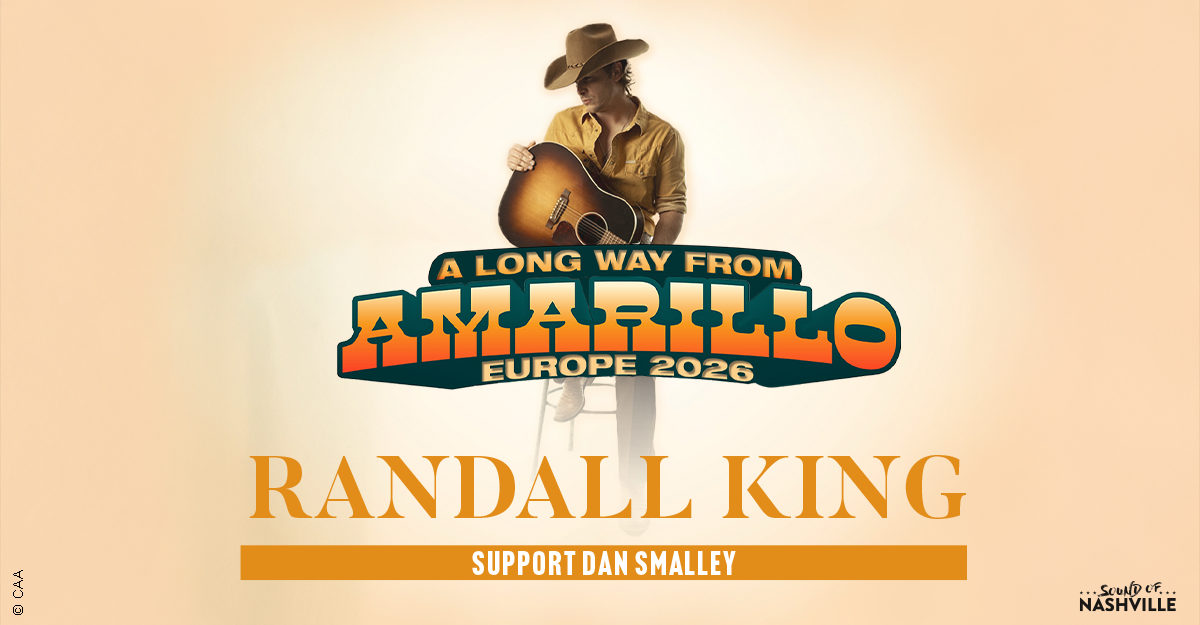 Plakat für Randall Kings Tour 'A Long Way From Amarillo' in Europa 2026 mit Unterstützung von Dan Smalley.