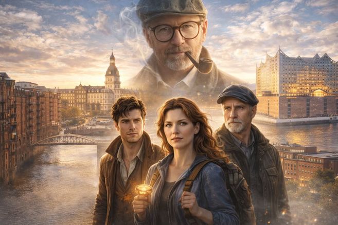 Drei Personen stehen im Vordergrund an einem Fluss in einer historischen Stadt, darüber schwebt das Porträt eines älteren Mannes mit Pfeife. Die Stimmung ist geheimnisvoll und abenteuerlich, wie ein Fantasy- oder Mysteryfilm.