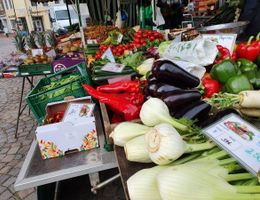 Ein Marktstand mit frischem Gemüse wie Paprika, Auberginen und Fenchel auf einem Wochenmarkt.