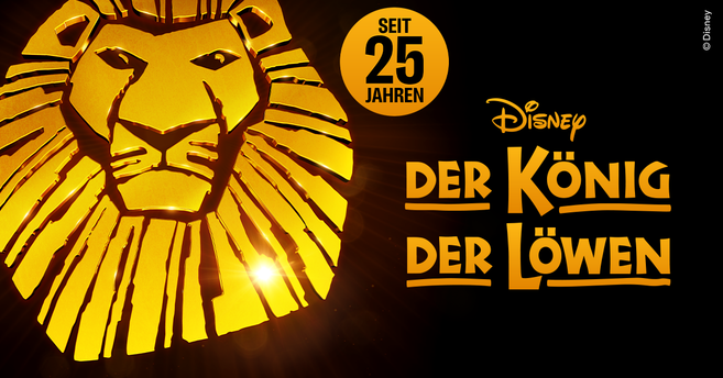 Logo von Disneys Der König der Löwen mit einem stilisierten Löwenkopf und dem Text 'Seit 25 Jahren'.
