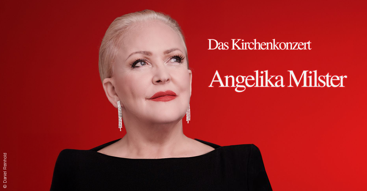 Porträt einer Frau vor rotem Hintergrund mit dem Text 'Das Kirchenkonzert Angelika Milster'.