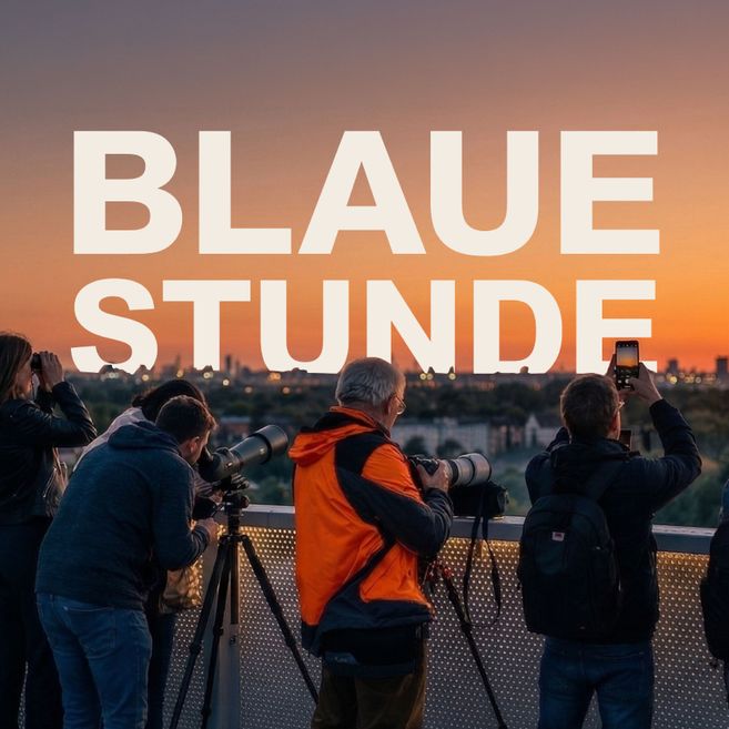 Mehrere Personen fotografieren und beobachten den Sonnenaufgang über Hamburg vom Energieberg Georgswerder aus, mit Kameras und Ferngläsern vor der Skyline im Morgenlicht.