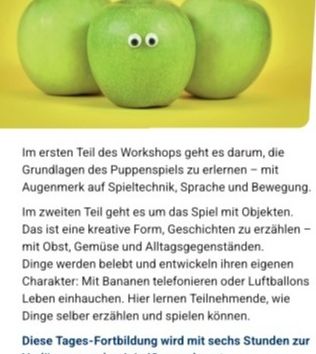 Ein Flyer für einen Workshop über Puppenspiel und kreatives Erzählen mit Obst und Alltagsgegenständen.