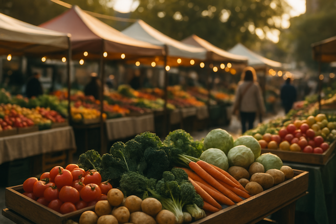 Ein belebter Marktstand mit frischem Gemüse wie Tomaten, Karotten und Brokkoli im Vordergrund, umgeben von anderen Ständen und Menschen im Hintergrund.