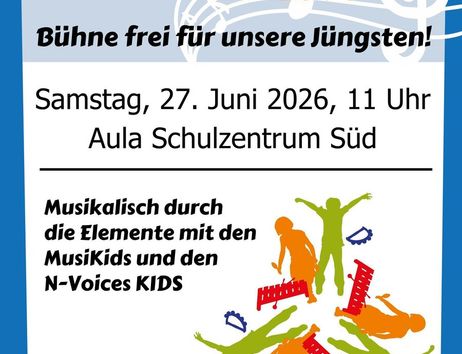 Plakat für ein Kinderkonzert mit bunten Silhouetten und Musikinstrumenten, das am 27. Juni 2026 in Norderstedt stattfindet.