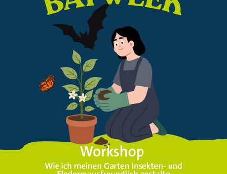 a drawn person takes care of a plant while a butterfly and a bat fly by
