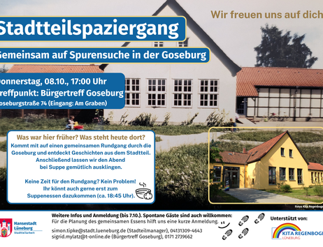 Plakat zum Stadtteilspaziergang „Gemeinsam auf Spurensuche in der Goseburg“ mit Termin, Treffpunkt Bürger*innentreff Goseburg und Foto eines Hauses.