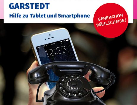 Plakat für eine Smartphonesprechstunde in Garstedt mit einem alten Wählscheibentelefon und einem Smartphone im Hintergrund.