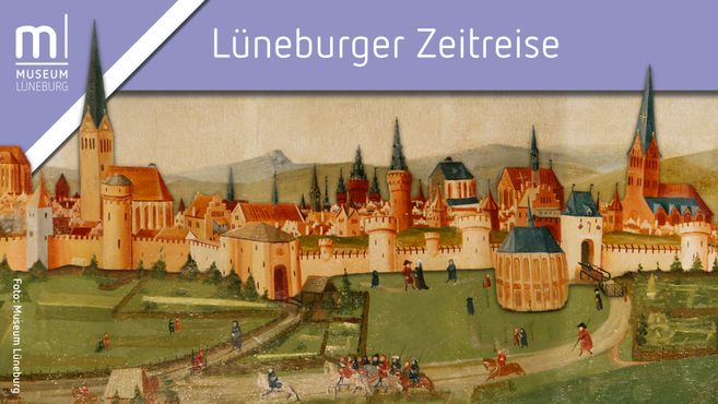 Historische Darstellung der Stadt Lüneburg mit mittelalterlichen Gebäuden und Stadtmauern.