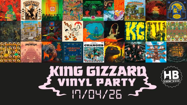 Collage von King Gizzard & The Lizard Wizard Albumcovern mit Ankündigung einer Vinyl-Party am 17. April 2026.