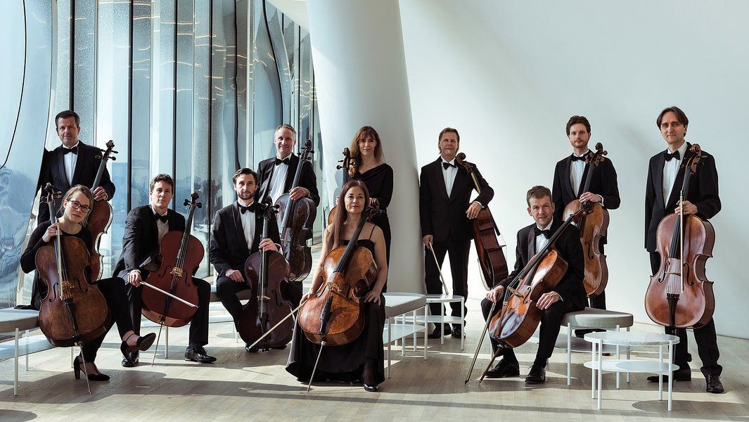 Gruppe von Cellisten in formeller Kleidung posiert mit ihren Instrumenten in einem modernen, lichtdurchfluteten Raum.