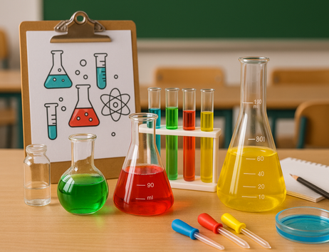 Chemielabor mit bunten Flüssigkeiten in Glaskolben und Reagenzgläsern auf einem Tisch.