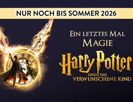 Werbung für das Theaterstück 'Harry Potter und das verwunschene Kind' mit einer Uhr und magischen Effekten.