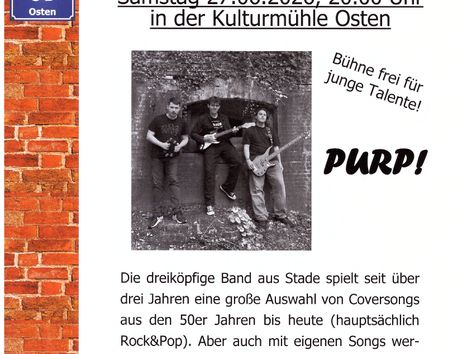 Flyer für ein Konzert der Band PURP! in der Kulturmühle Osten am 27.06.2026.