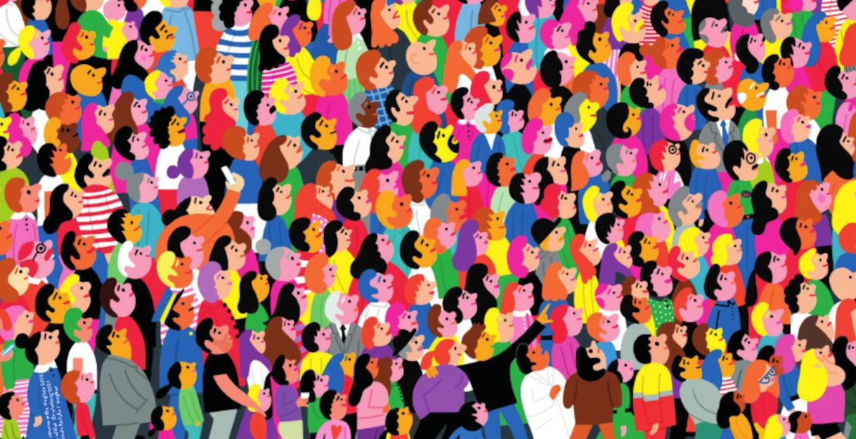 Bunte Illustration einer großen Menschenmenge mit verschiedenen Frisuren und Kleidung.