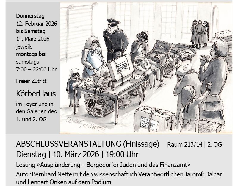 Schwarz-weiß Zeichnung von einer Kofferkontrolle durch einen Beamten. Frauen und Kinder wirken verängstigt.