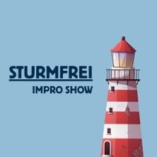Illustration eines rot-weiß gestreiften Leuchtturms mit dem Text 'Sturmfrei Impro Show'.