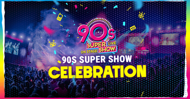 Bühnenbild der 90s Super Show mit bunten Lichtern und einer jubelnden Menge.
