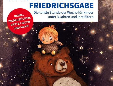 Ein Plakat für die Veranstaltung 'Gedichte für Wichte' in der Stadtbücherei Norderstedt, mit einem Kind auf einem Bären vor einem Sternenhimmel.