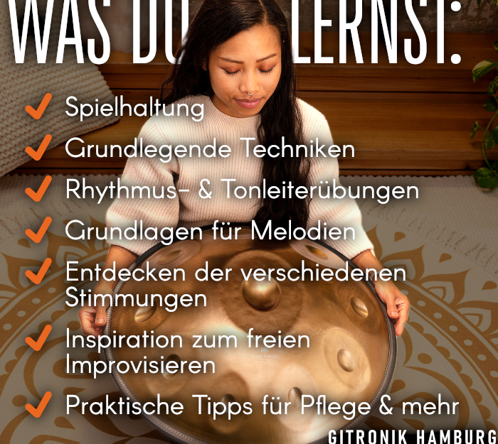  Frau spielt Handpan mit textinhalten was gelernt wird: Spieltechniken etc