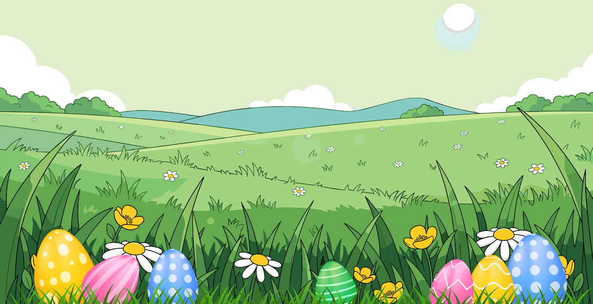 Bunte Ostereier und Blumen auf einer grünen Wiese mit Hügeln im Hintergrund.